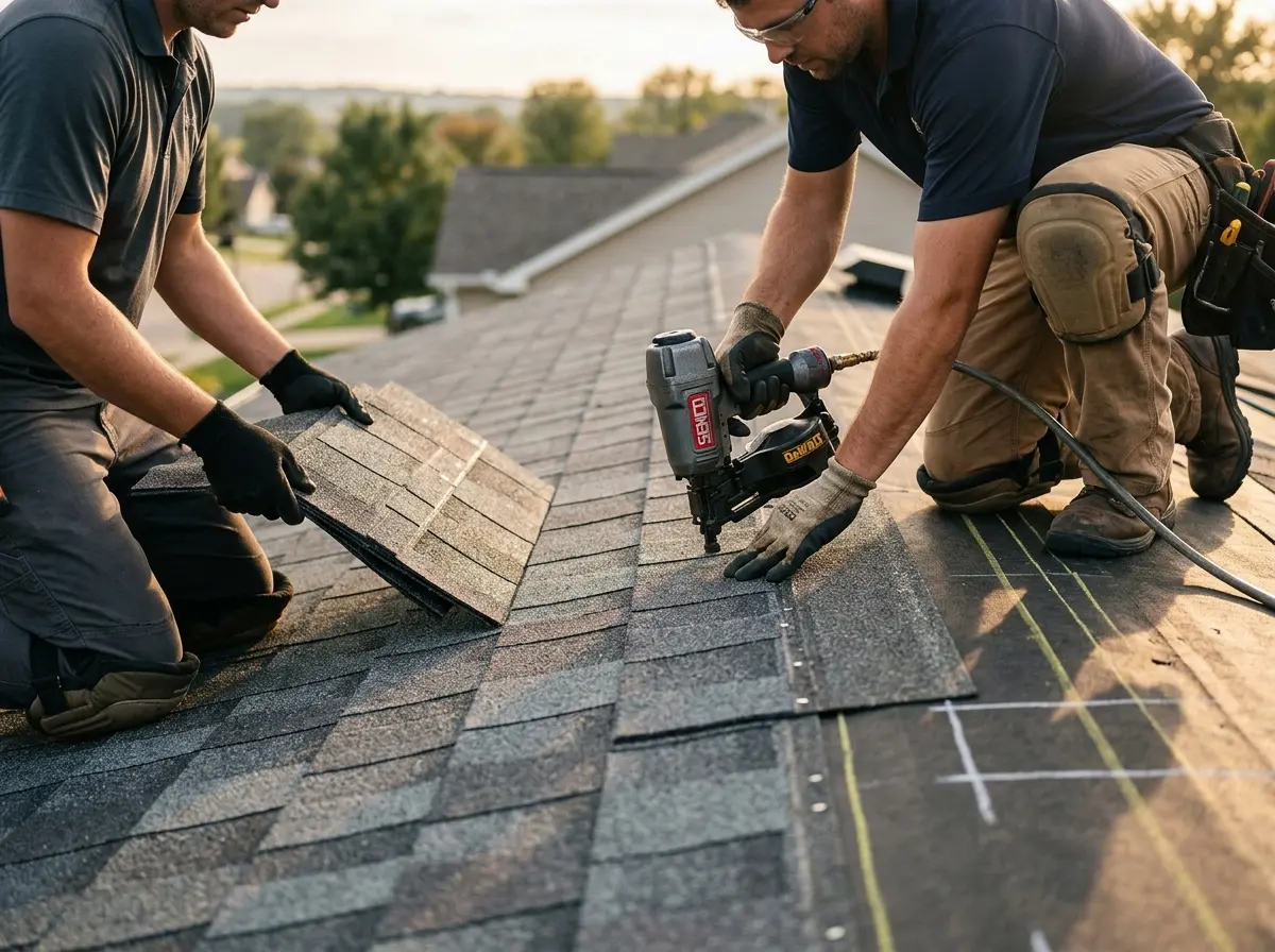 Professional roofer working on a residential roof in Pittsburg
